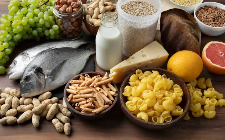 Principaux aliments allergènes disposés sur une table en bois