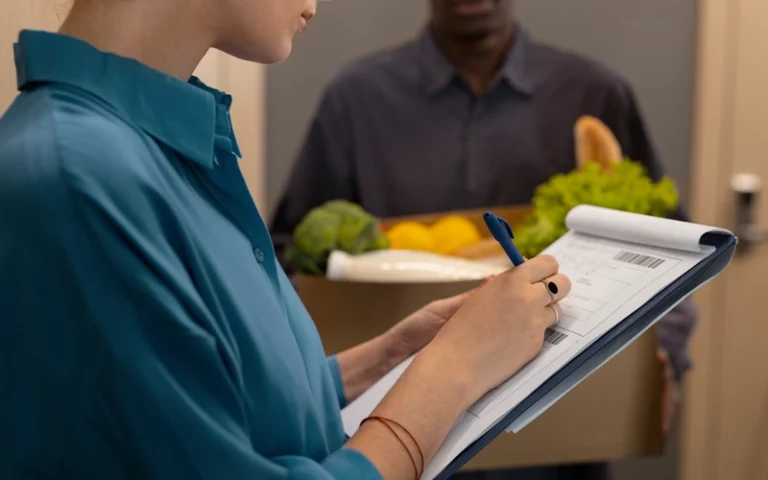 femme recevant des denrées alimentaires pour son restaurant